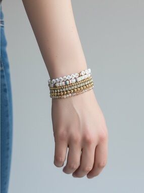 9/9 Personalized White and Gold Beaded Stack Bracelet